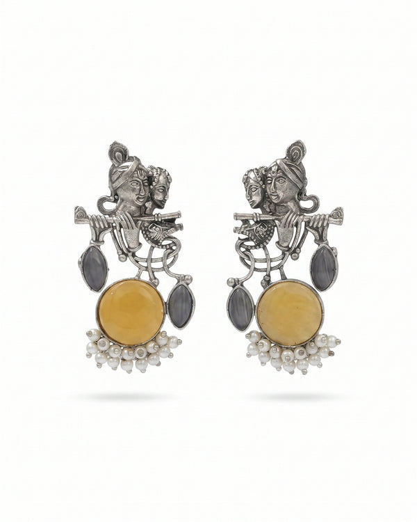Radha Krishna Beautiful Silver Plated Oxidised Earring in yellow