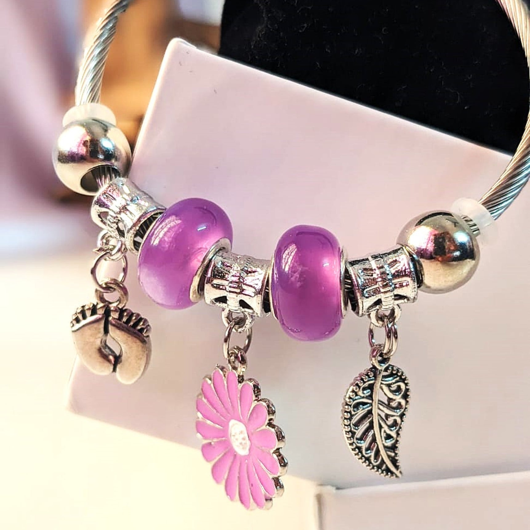 Lilac Bloom Flower Charm Bracelet – Silver Cable Bangle with Beads & Pendants