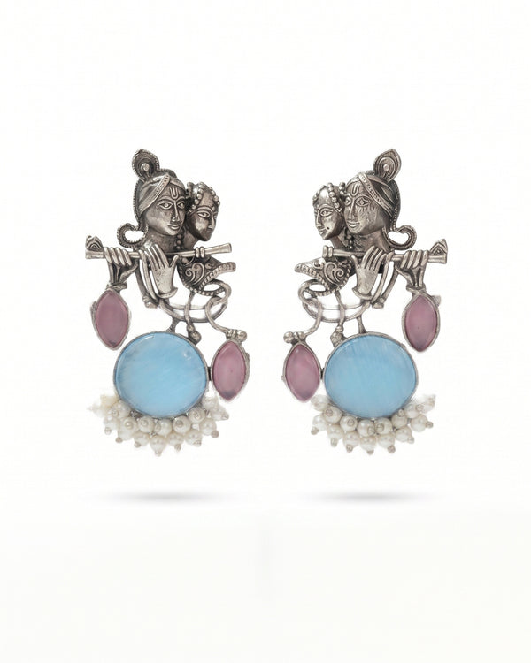 Radha Krishna Oxidized Silver Earrings with Blue Stone & Pearl Drops