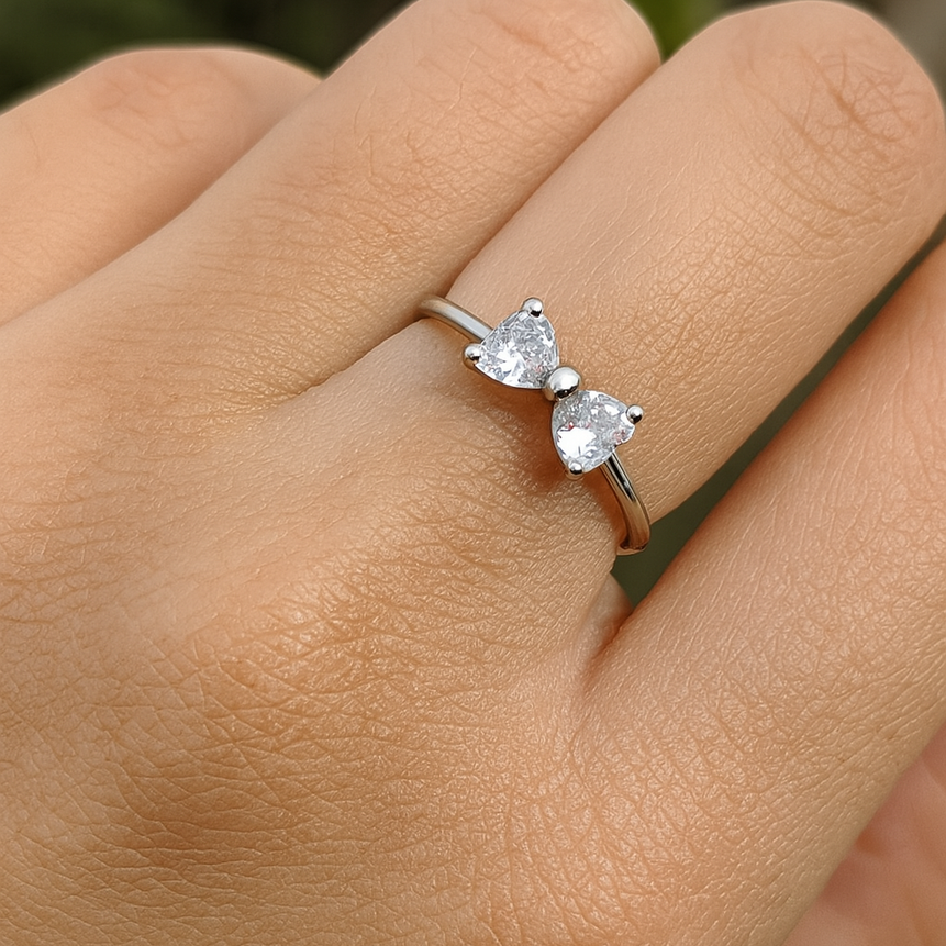 Radiant Crystal Bow Silver Adjustable Ring with Dainty