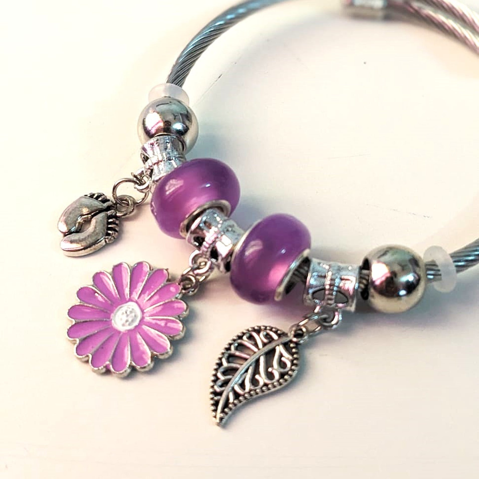Lilac Bloom Flower Charm Bracelet – Silver Cable Bangle with Beads & Pendants