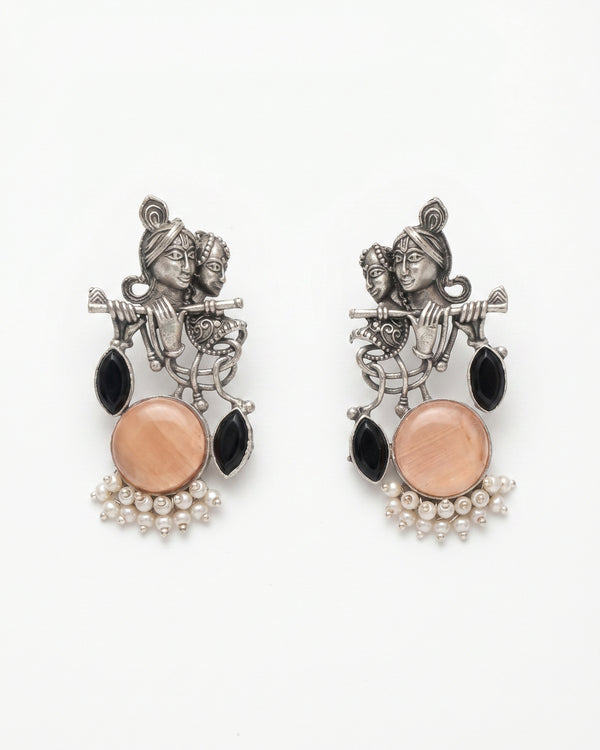 Radha Krishna Oxidized Earrings – Peach Stone with Black Accents & Pearls