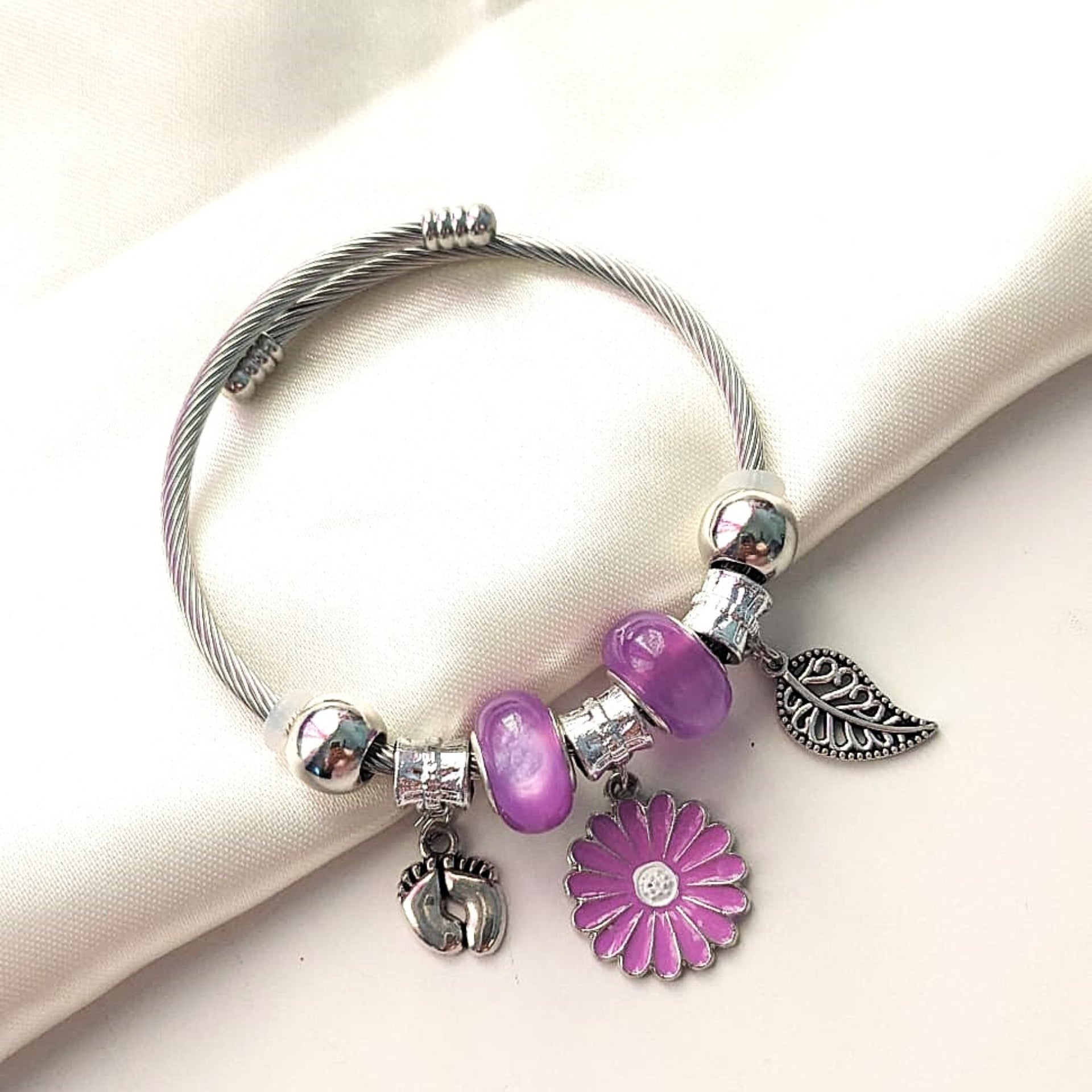 Lilac Bloom Flower Charm Bracelet – Silver Cable Bangle with Beads & Pendants