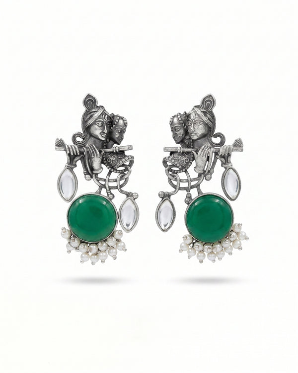 Radha Krishna Oxidised Earrings for women in Green with White Drops
