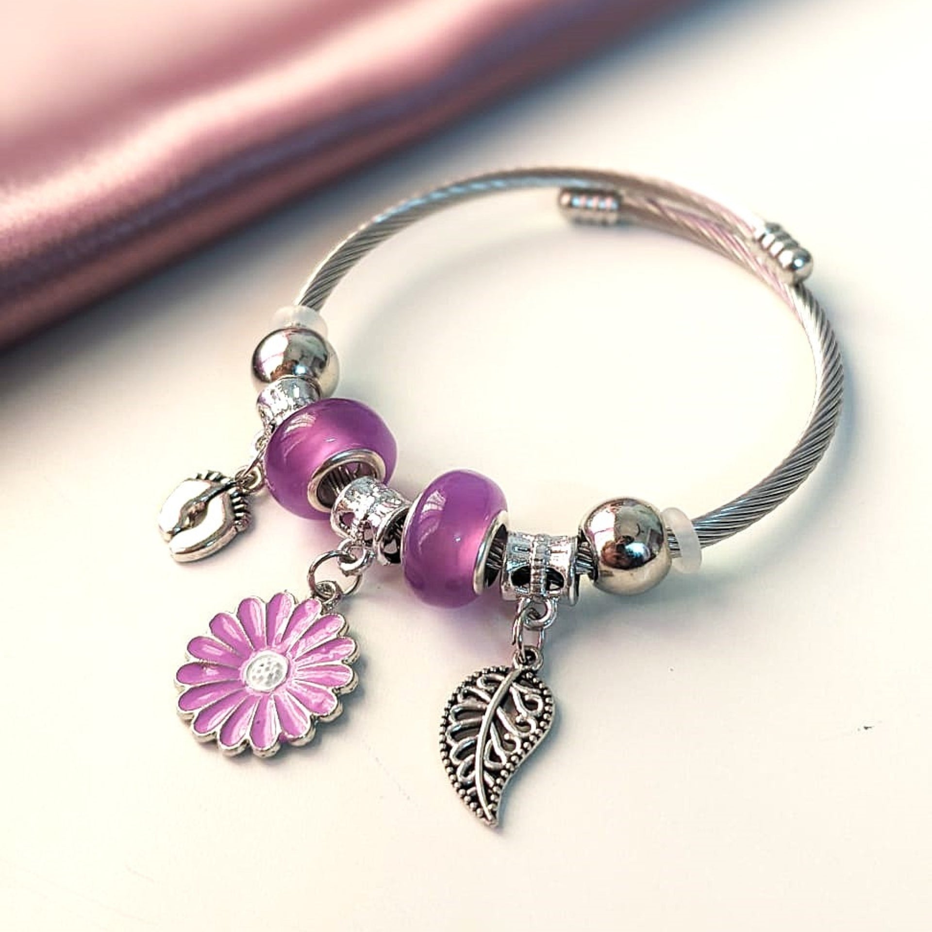 Lilac Bloom Flower Charm Bracelet – Silver Cable Bangle with Beads & Pendants