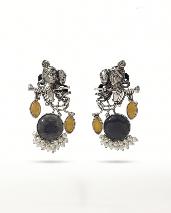 Radha Krishna Oxidised Silver Earrings for Women with Black Stone & Yellow Accents