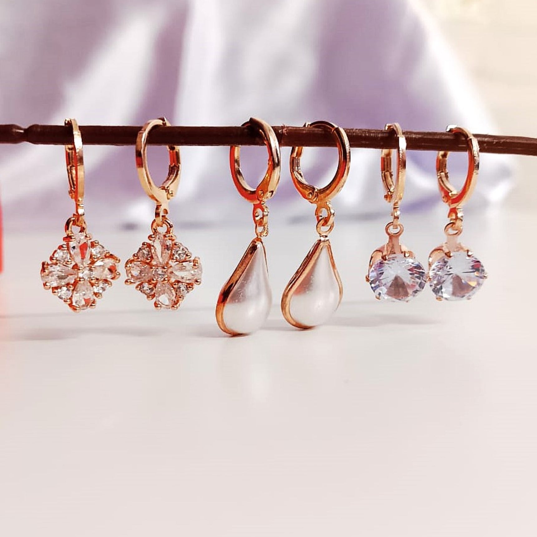 Zirconia Blossom & Pearl Hoop Earrings Combo – Rose Gold 3-in-1 Set for Women