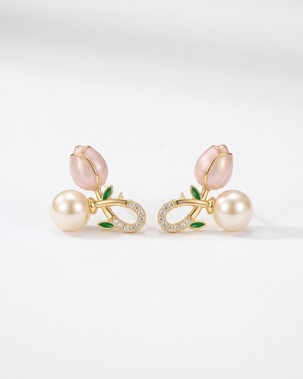 Elegant Tulip Pearl Stud Earrings PINK