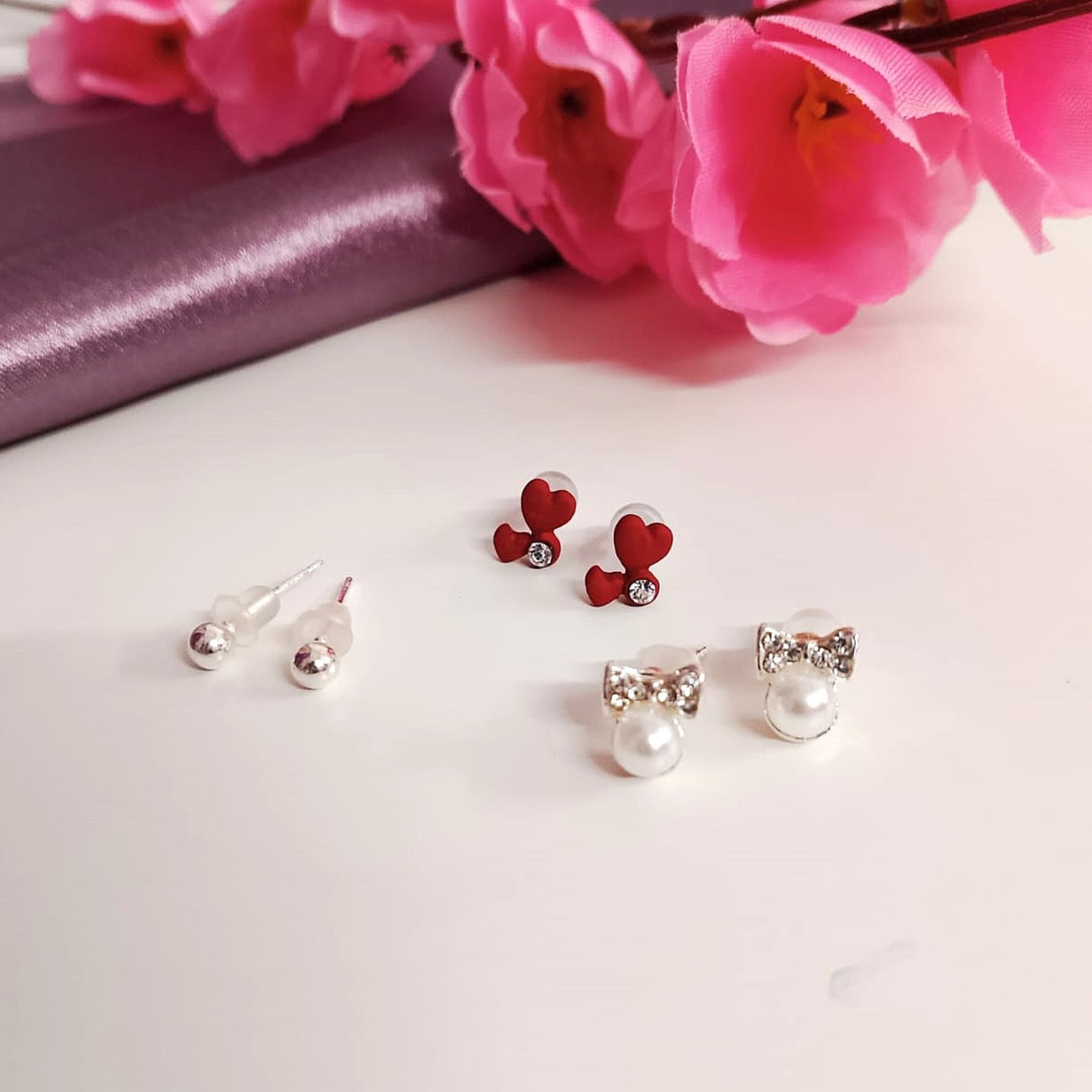 Scarlet Heart & Bow Stud Earrings Combo – Cute Pearl, Red Heart & Ball Studs for Women & Girls