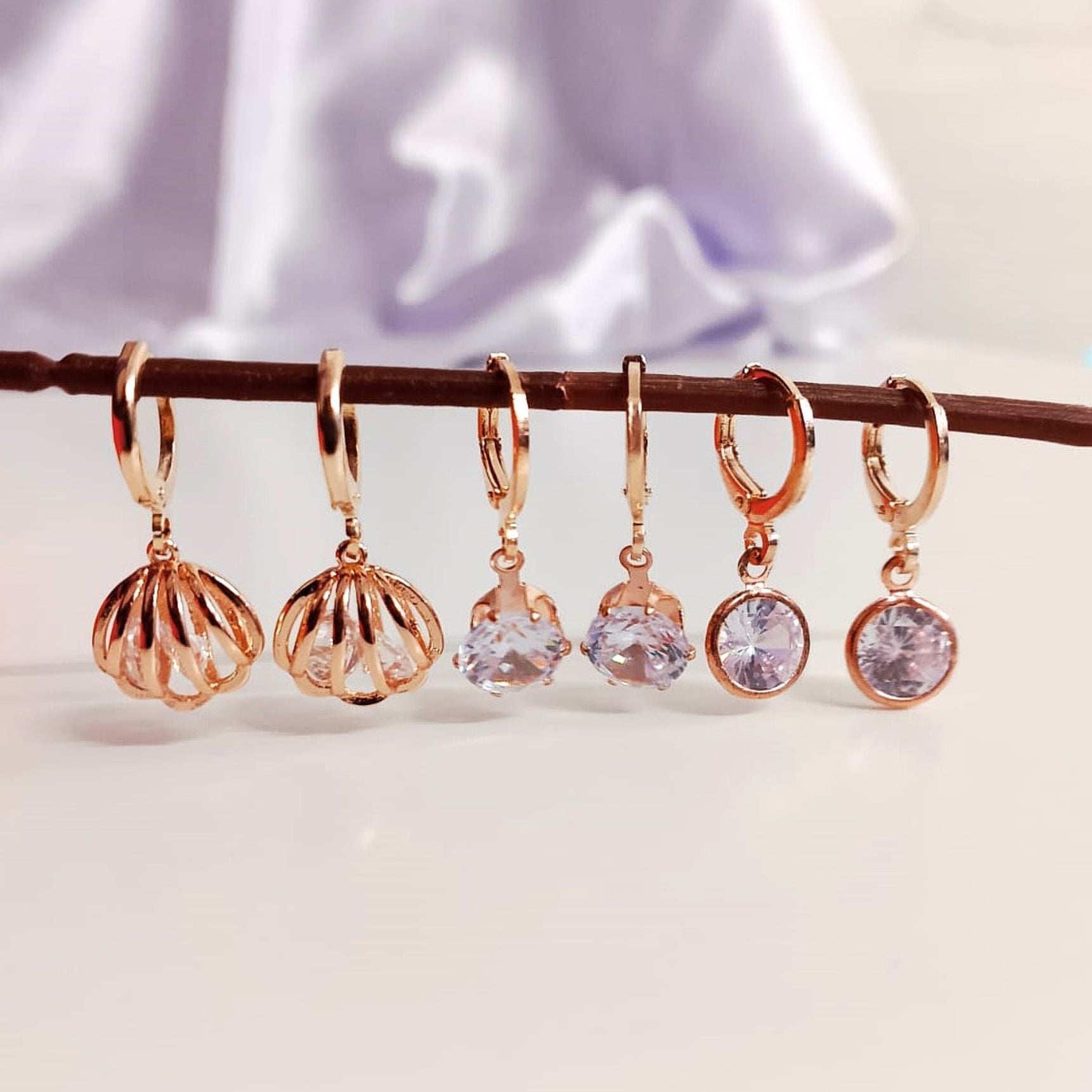 Rose Gold Zirconia Shell Earrings Combo – 3 Pair Dangler Hoops for Women