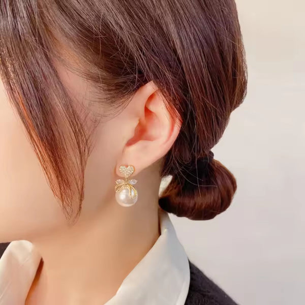 Heart Bow Pearl Earrings