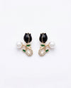 Black Tulip Floral Earrings with Pearl Drop