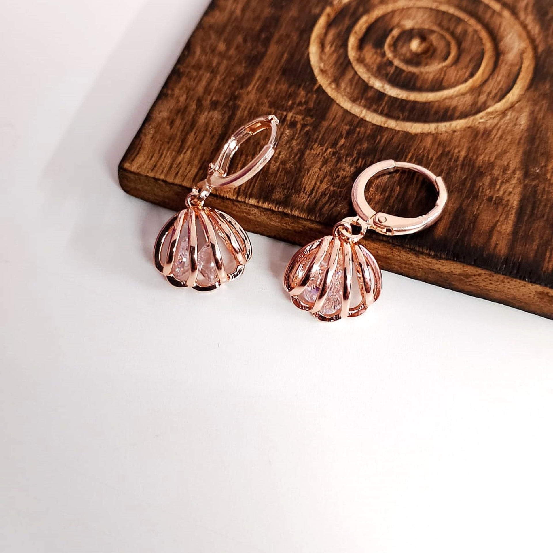 Rose Gold Zirconia Shell Earrings Combo – 3 Pair Dangler Hoops for Women