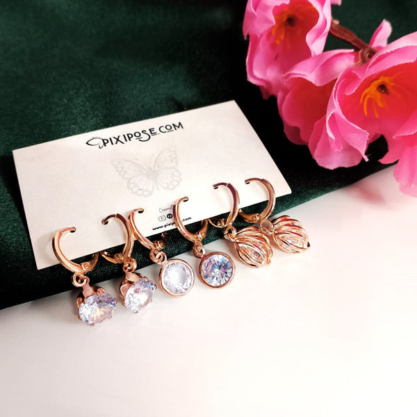 Rose Gold Zirconia Shell Earrings Combo – 3 Pair Dangler Hoops for Women