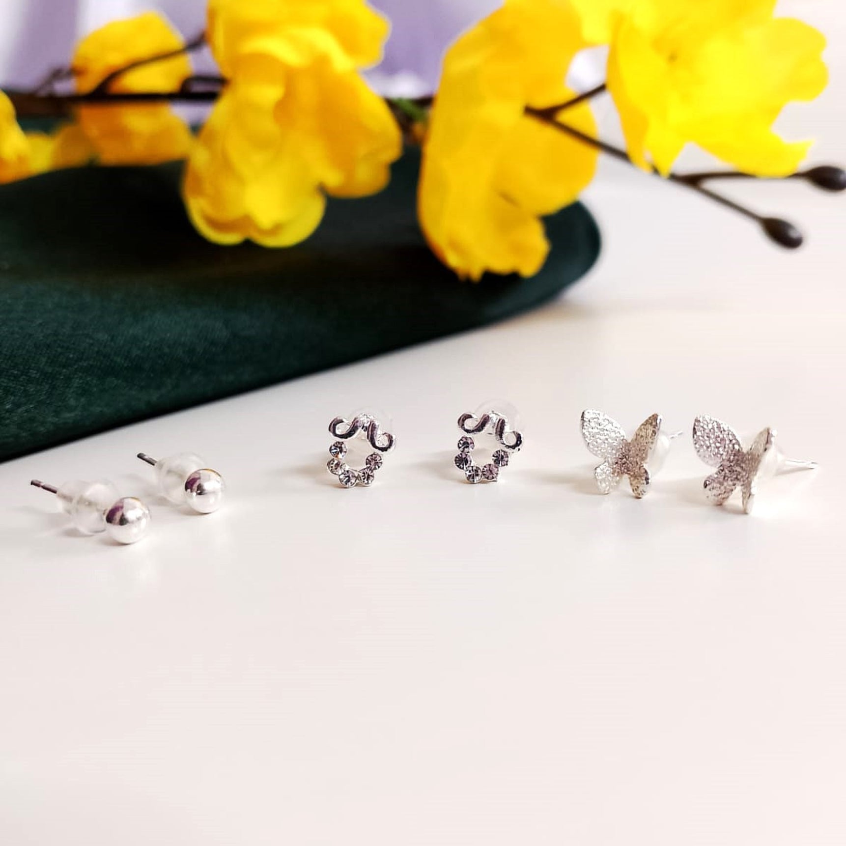 Shimmering White Butterfly Stud Earrings Combo Set – Dainty Crystal Studs for Women & Girls