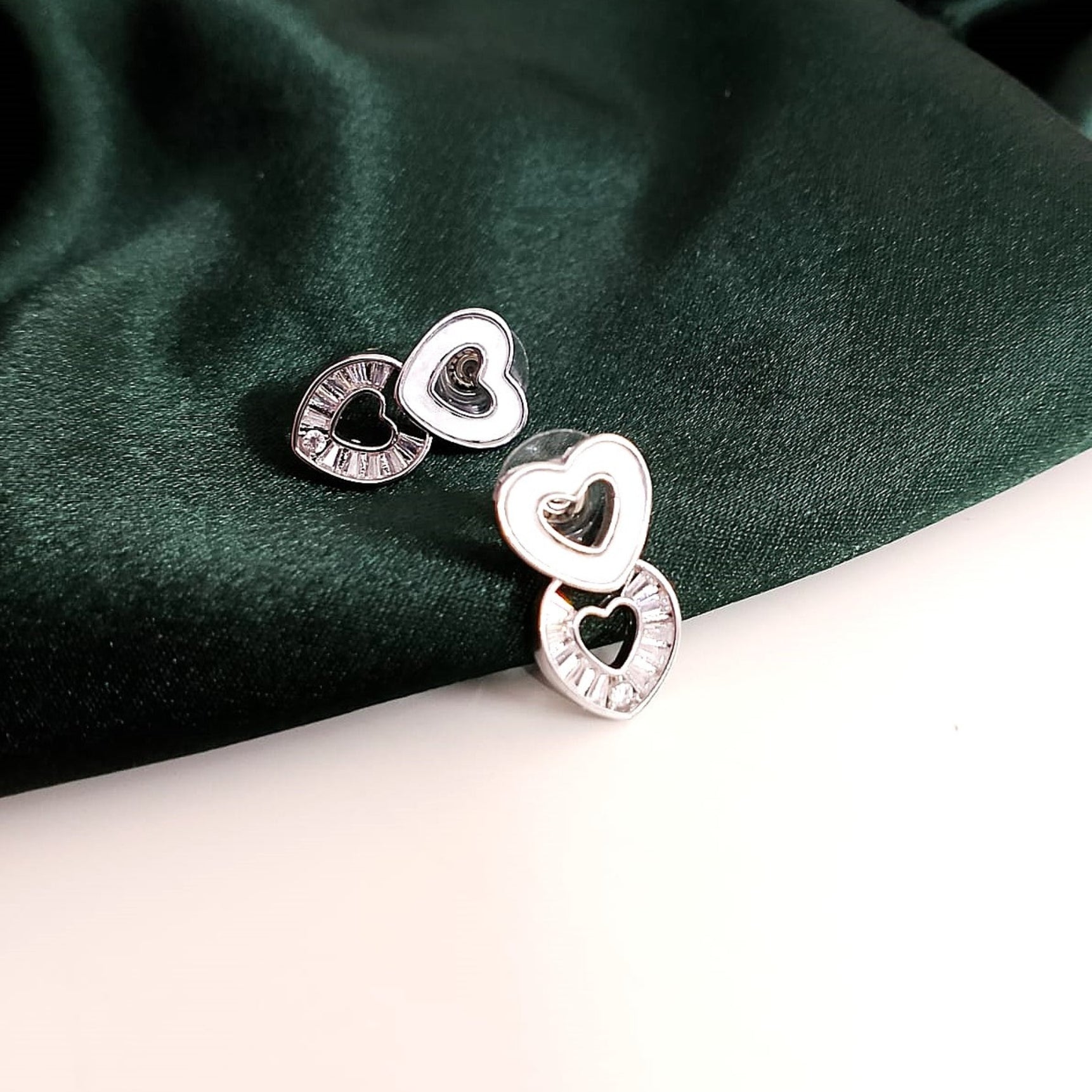 Silver Double Heart Stud Earrings – Sparkling Diamond Accents for Women