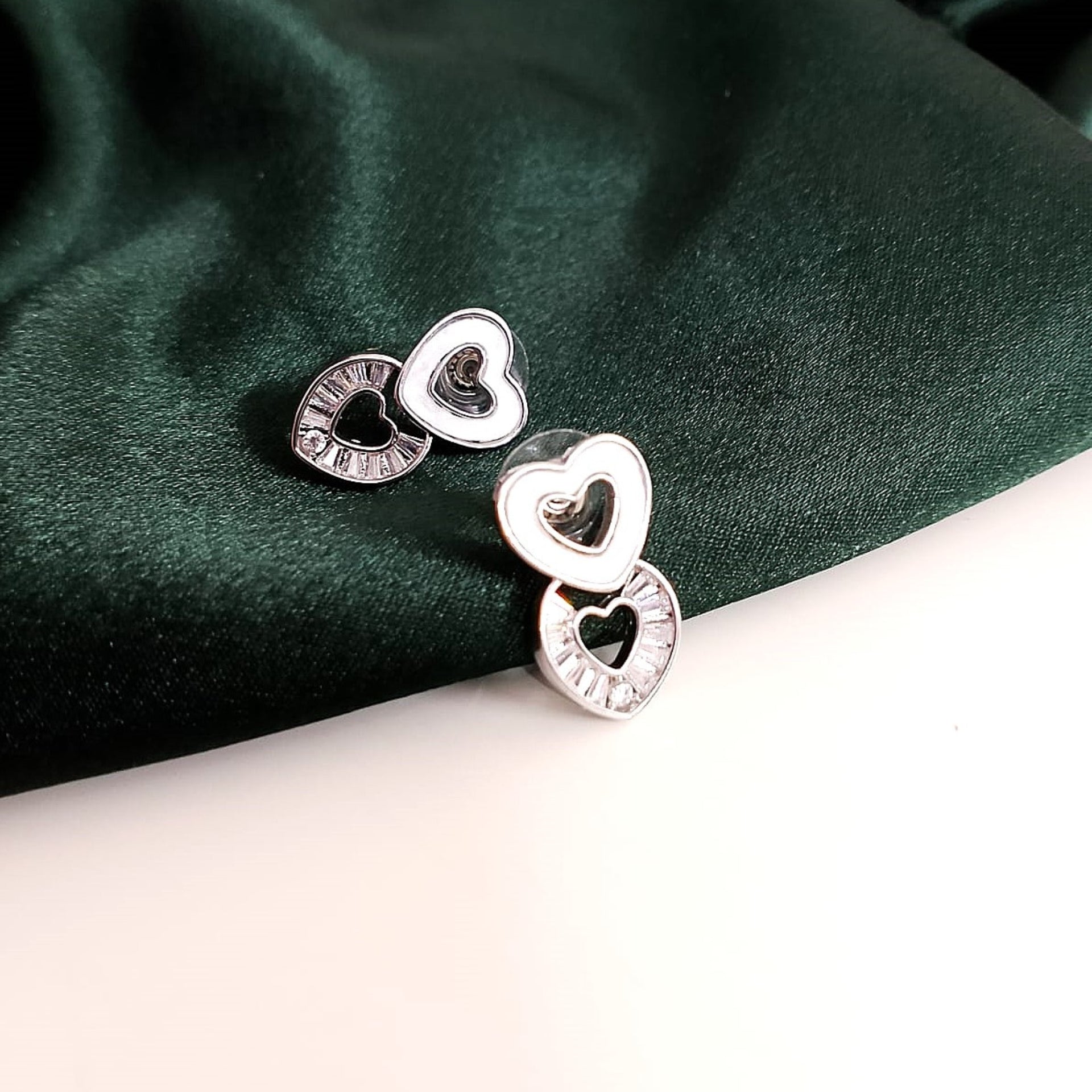 Silver Double Heart Stud Earrings – Sparkling Diamond Accents for Women