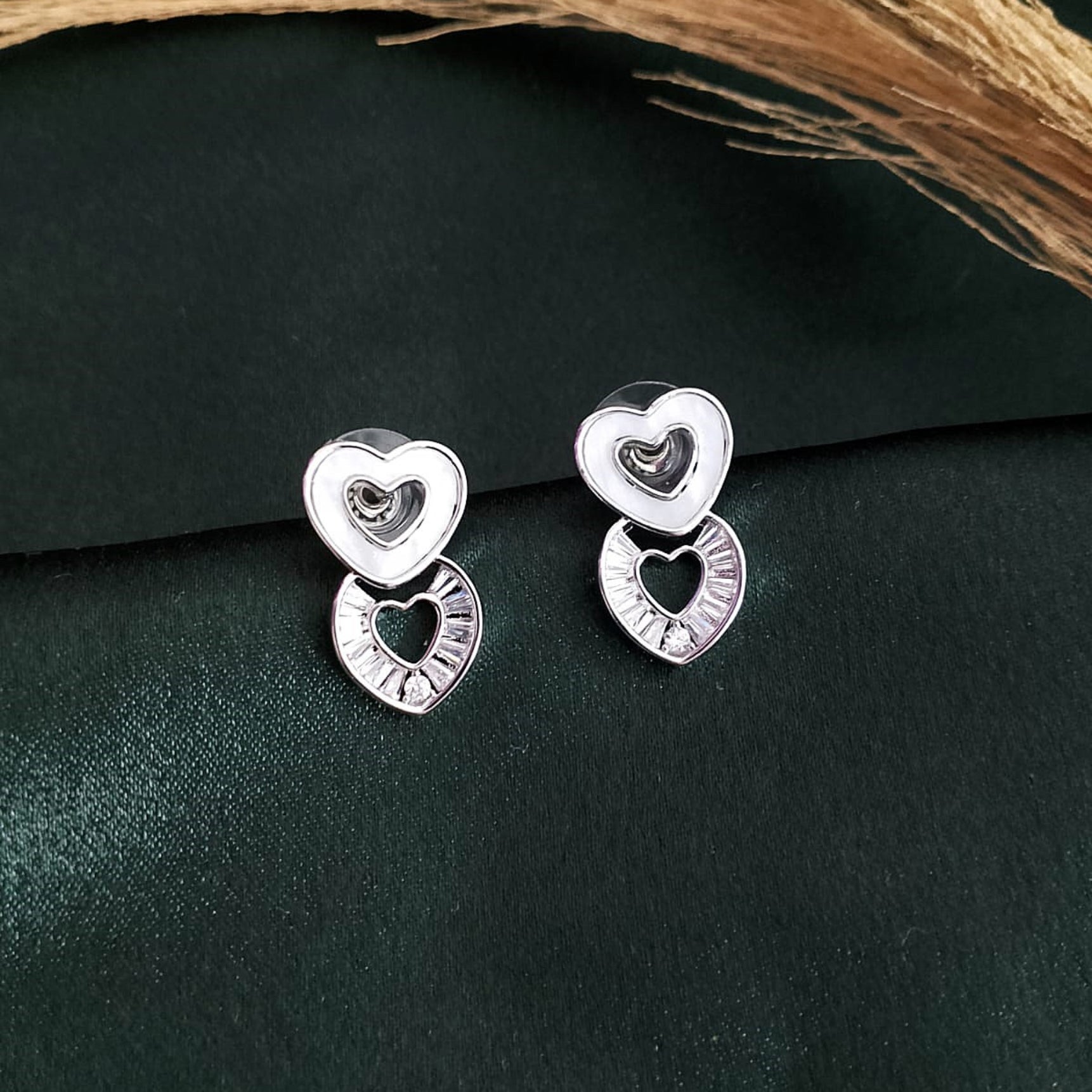 Silver Double Heart Stud Earrings – Sparkling Diamond Accents for Women