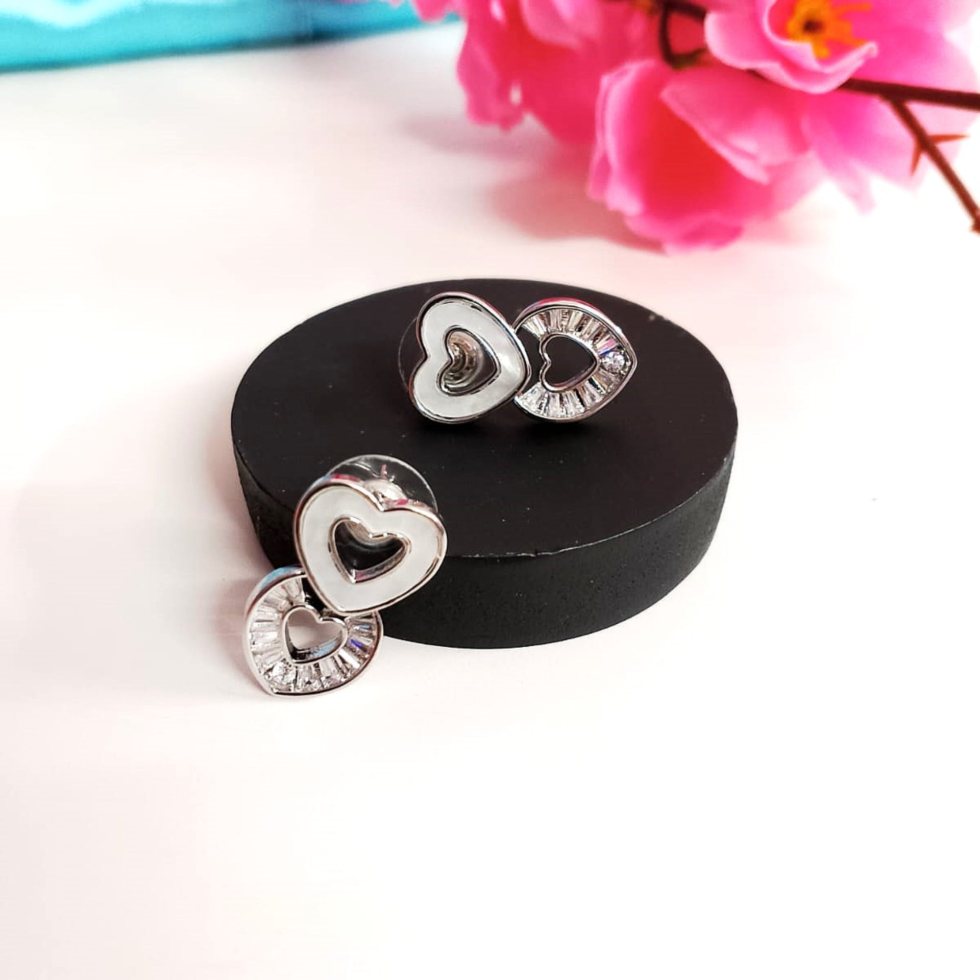 Silver Double Heart Stud Earrings – Sparkling Diamond Accents for Women