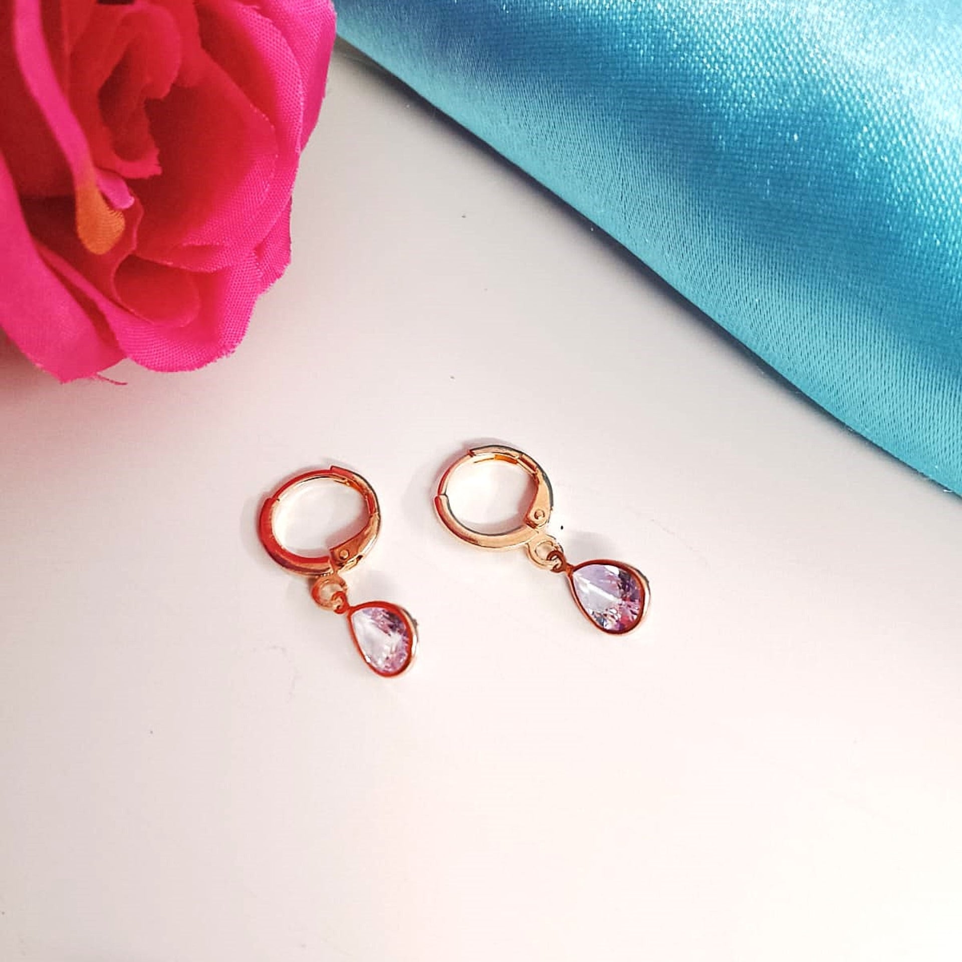 Zirconia Hoop Earrings Combo Set – Rose Gold Floral, Teardrop & Stud Hoops for Women