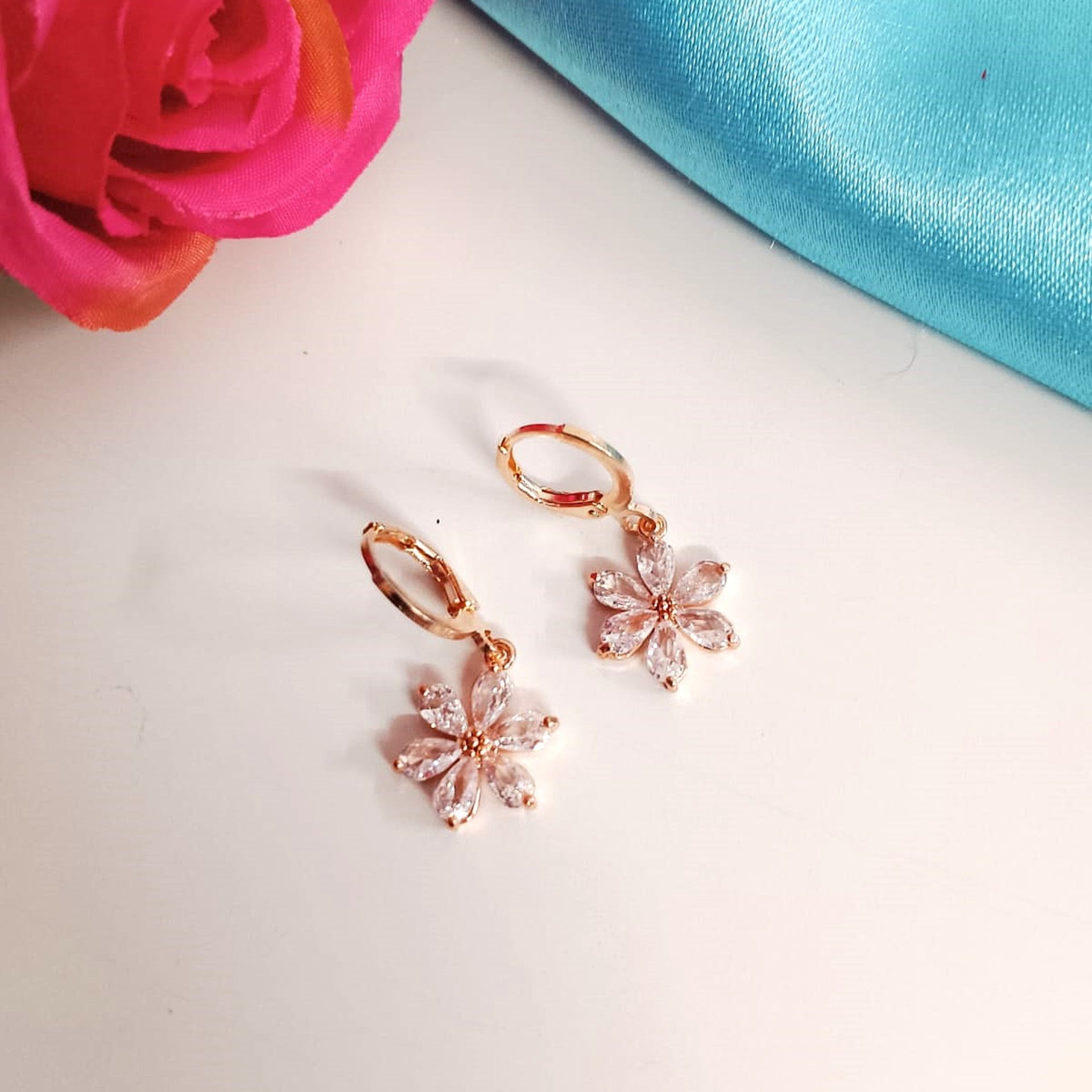 Zirconia Hoop Earrings Combo Set – Rose Gold Floral, Teardrop & Stud Hoops for Women