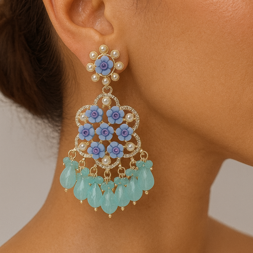 Floral Sea blue Long Dangler Designer Earrings