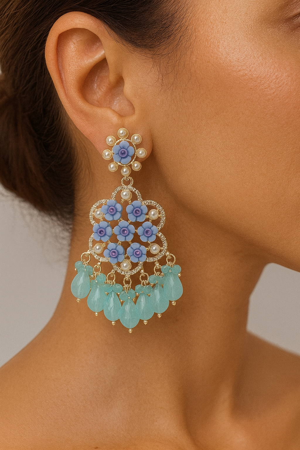 Floral Sea blue Long Dangler Designer Earrings