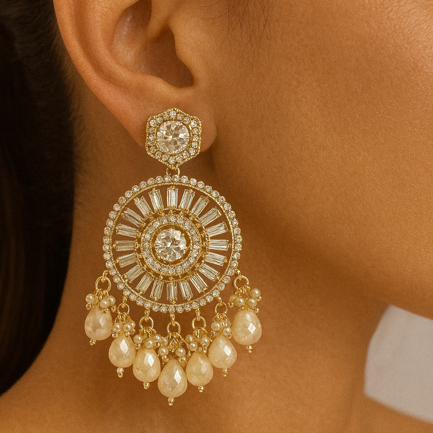 Dreamy Beige Sparkling Crystal Long Beads Earrings