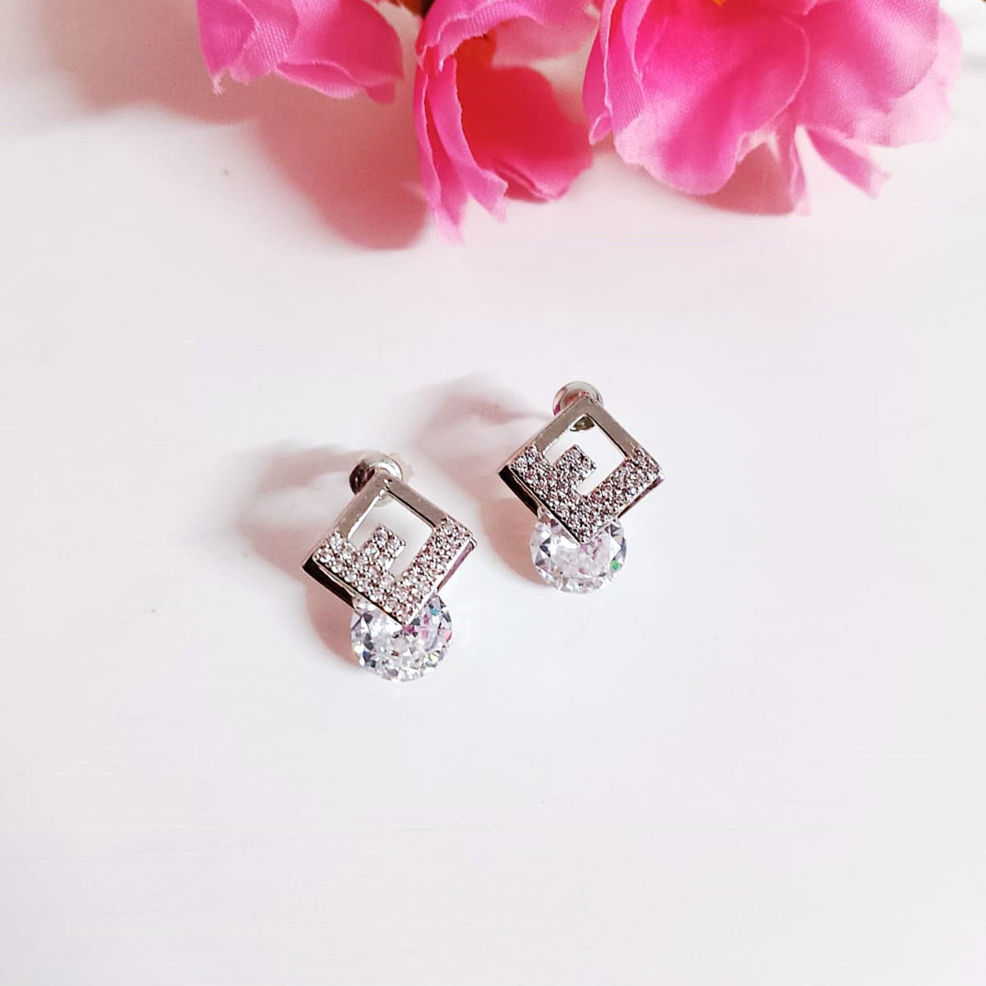 Silver Solitaire Diamond Crystal Studs