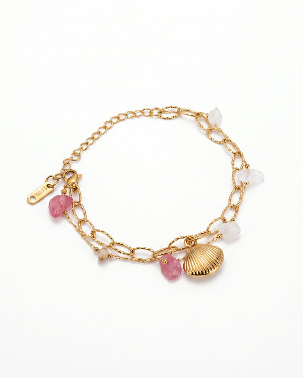 Gold Shell Boho Beach Pink Stone Bracelet