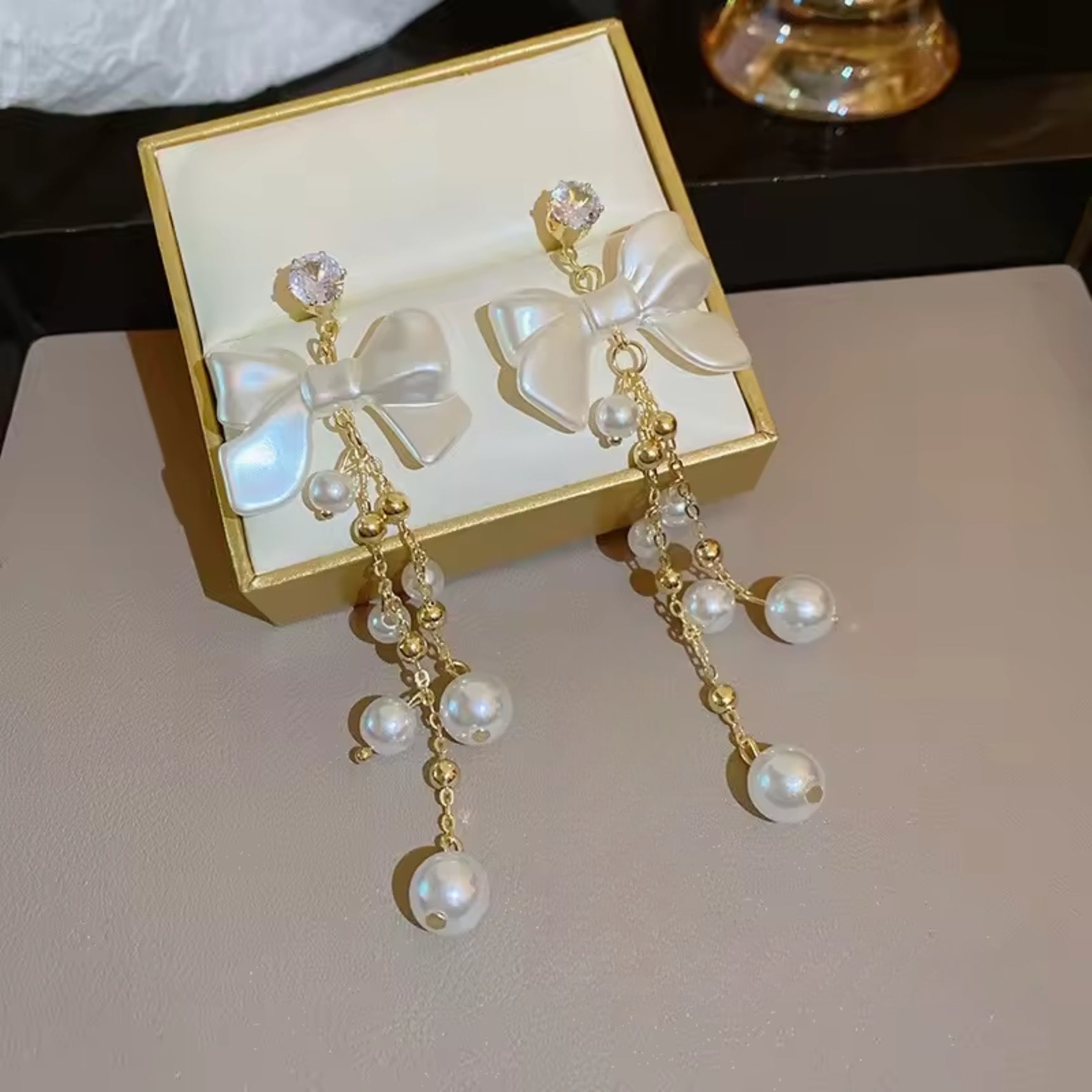Dainty Bow Pearl Drop Earrings