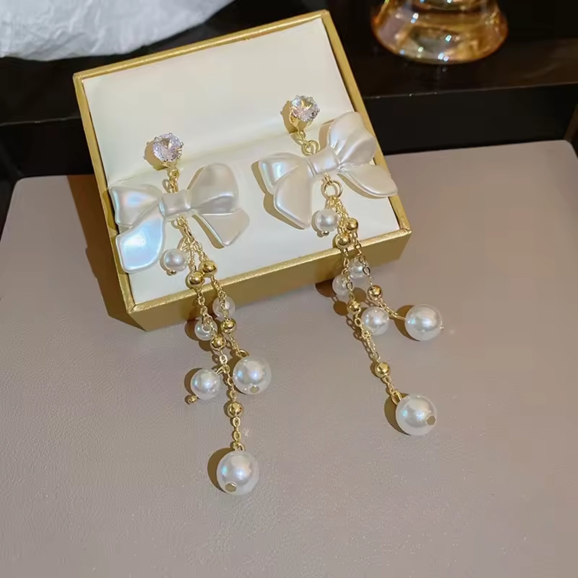 Dainty Bow Pearl Drop Earrings