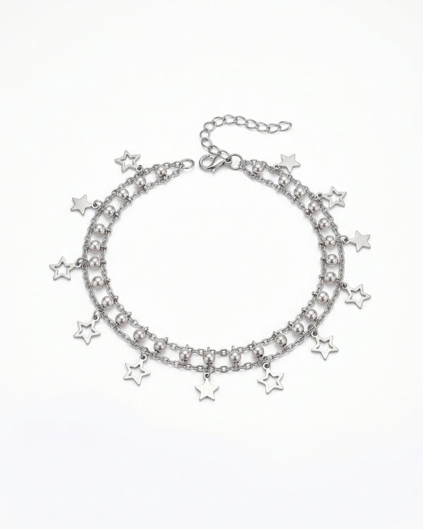 Silver Pearl & Star Charm Bracelet – Dual Layer Elegant Design