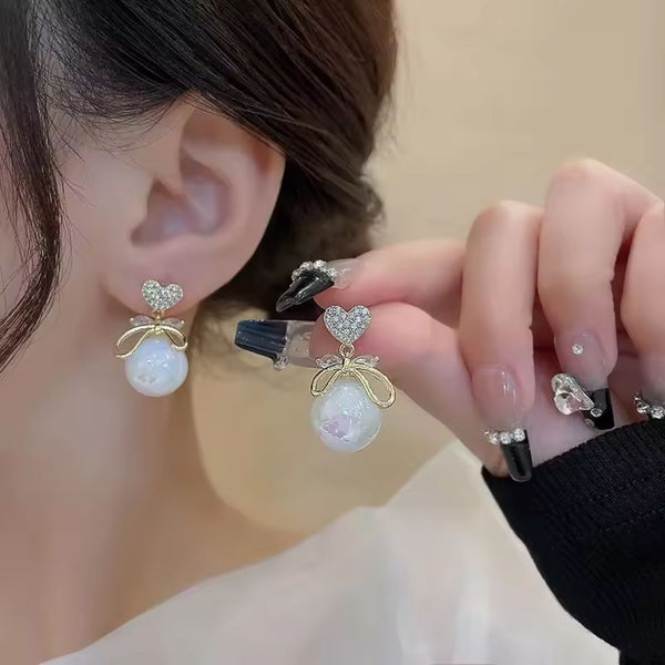 Heart Bow Pearl Earrings