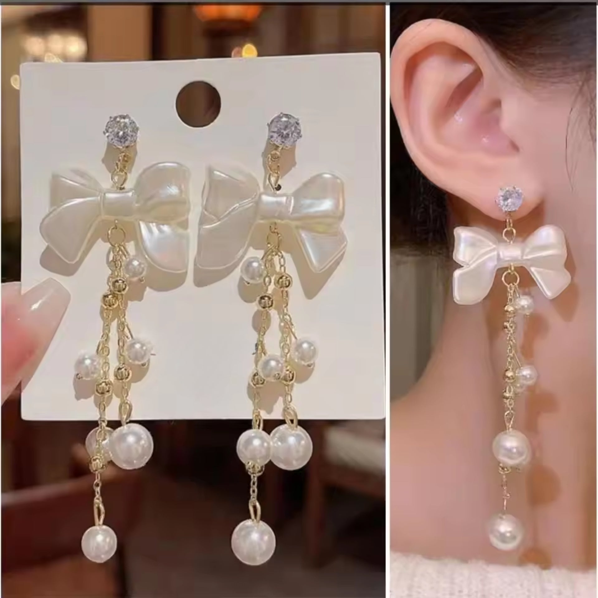 Dainty Bow Pearl Drop Earrings