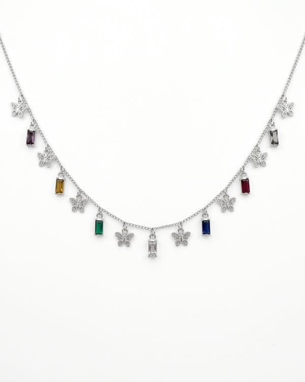 Silver Butterfly Multicolor Pendant Necklace