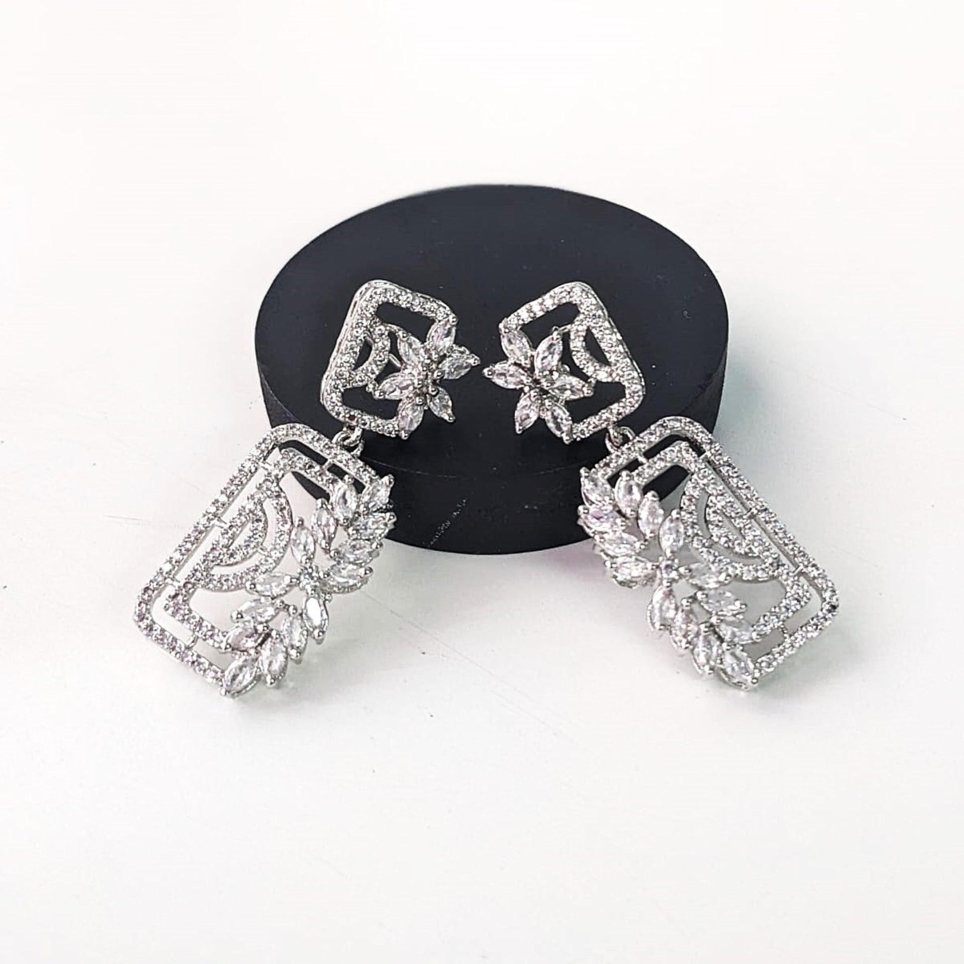 Radiant Rectangle White AD Floral Earrings