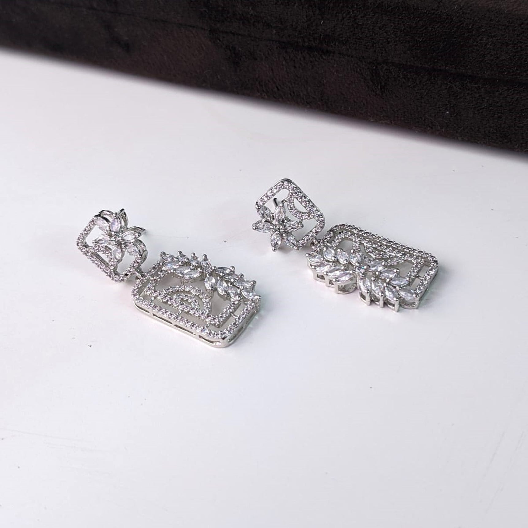 Radiant Rectangle White AD Floral Earrings