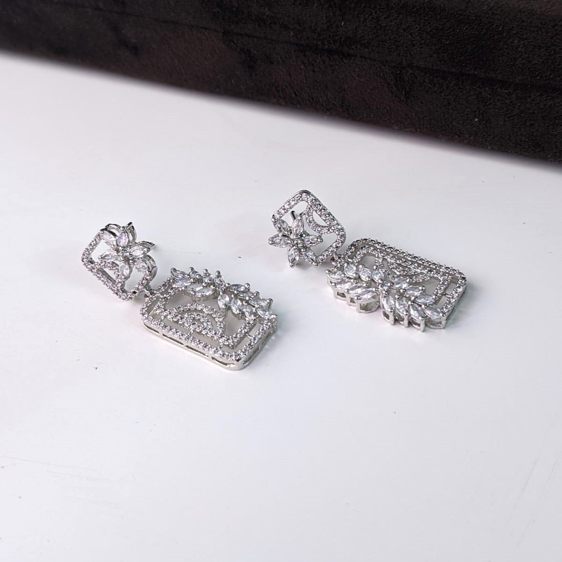 Radiant Rectangle White AD Floral Earrings