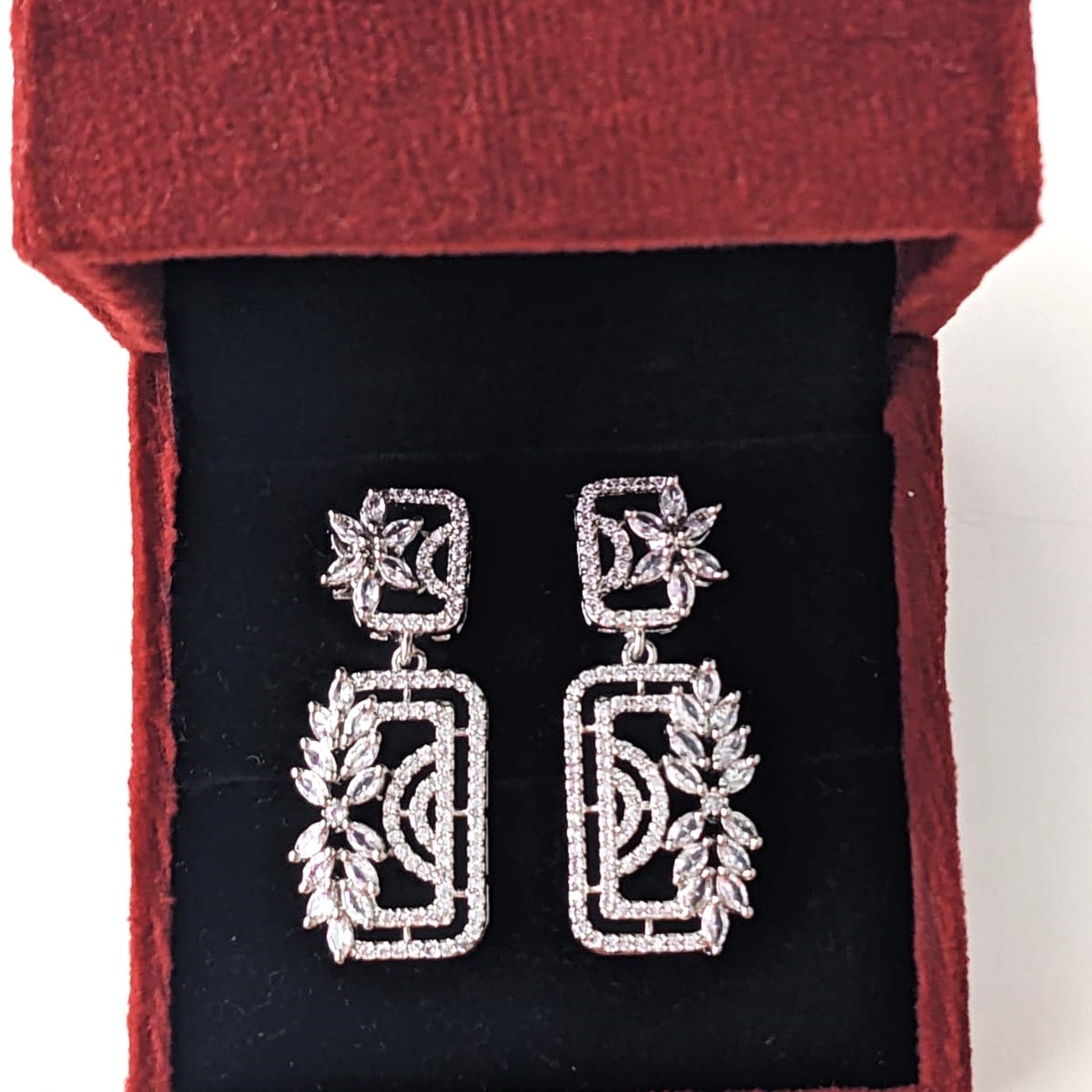 Radiant Rectangle White AD Floral Earrings