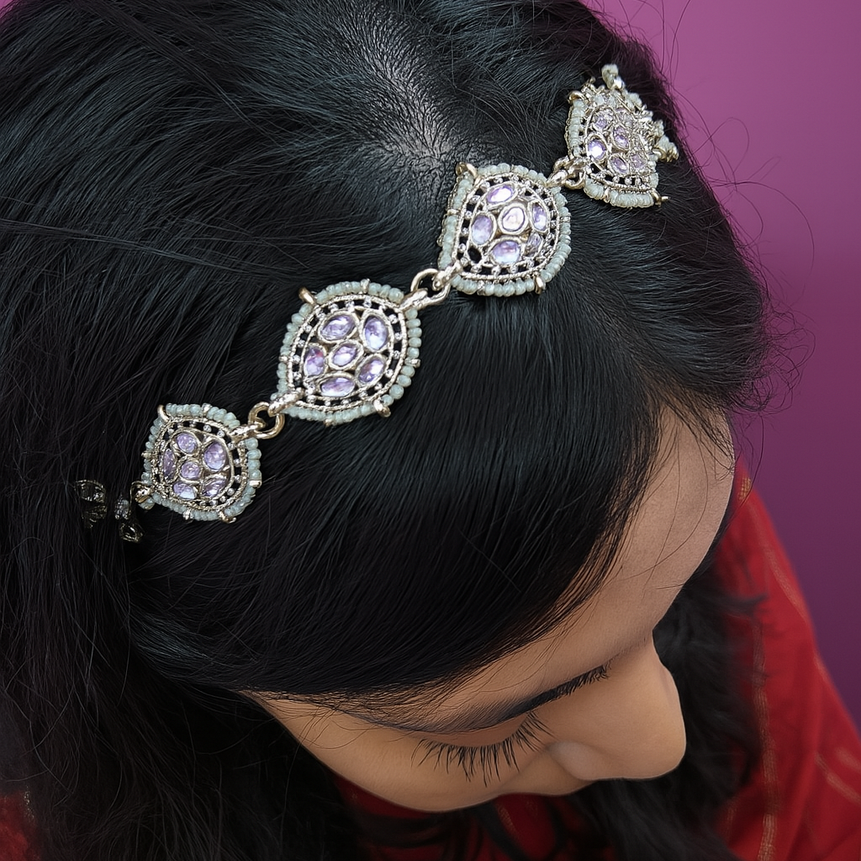 White Pearl & Stone Mattha Patti – Ethnic Bridal Hair Accessory for Women