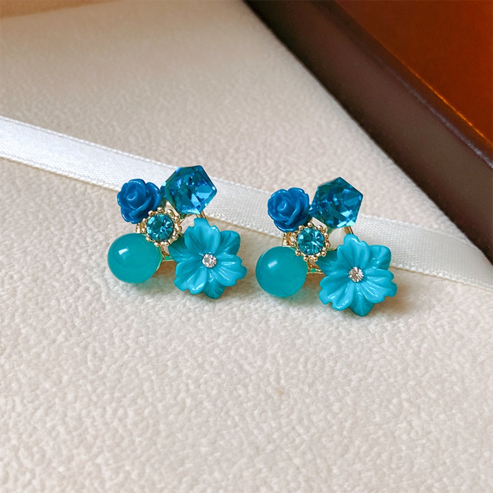 Flower Bouquet Charm Blue Earrings