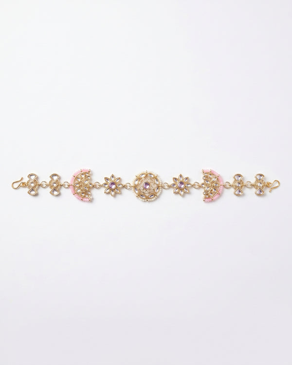 Golden Kundan Matha Patti with Pink Beads