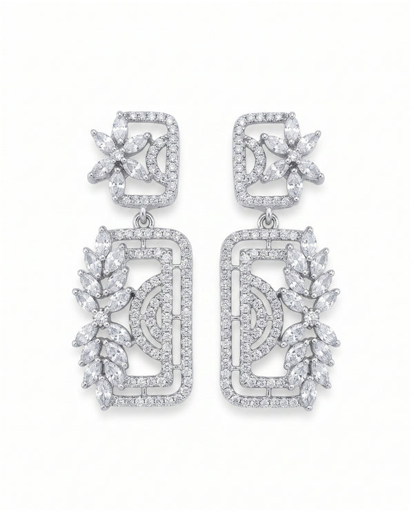 Radiant Rectangle White AD Floral Earrings
