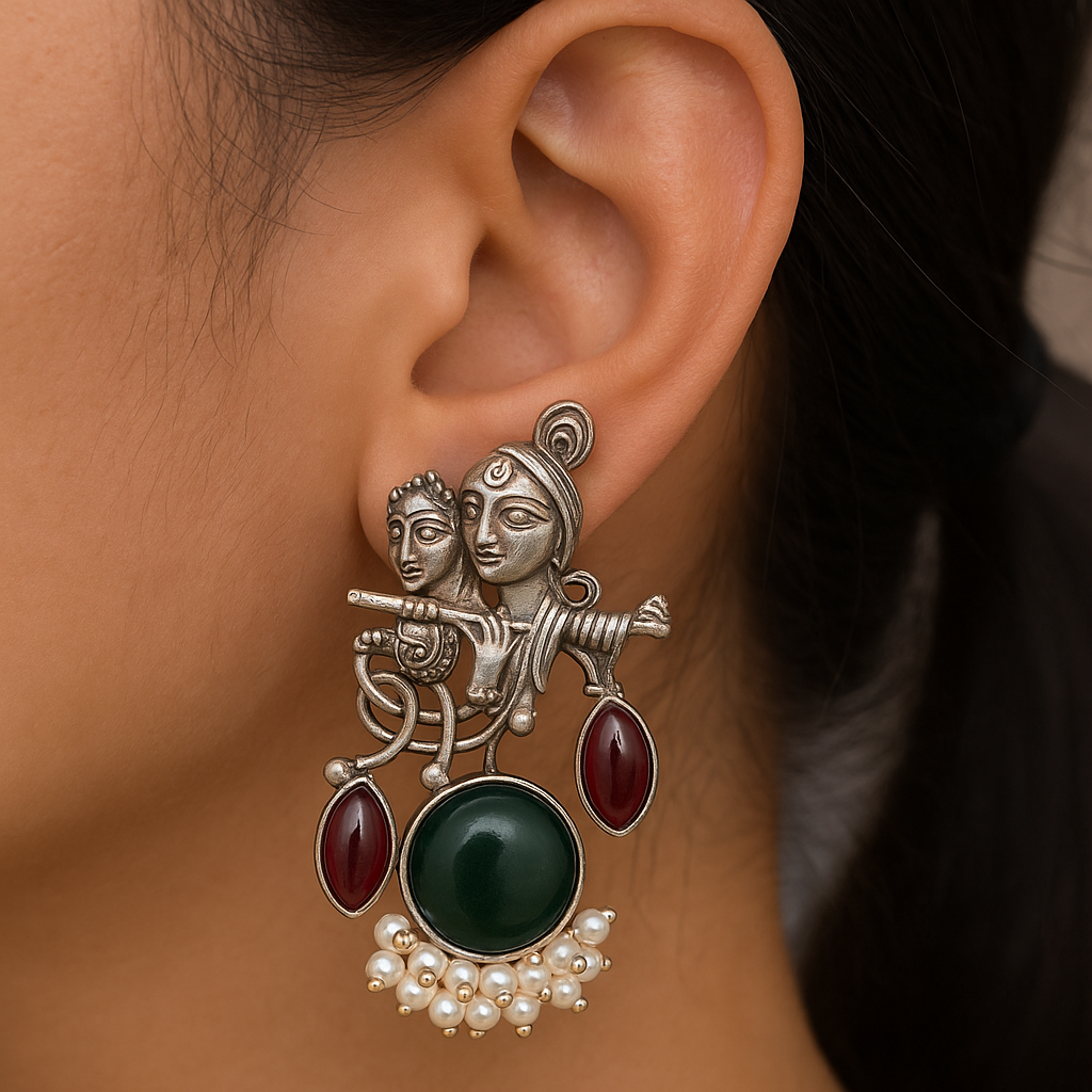 Radha Krishna Oxidised Earrings for women in Green with maroon Drops
