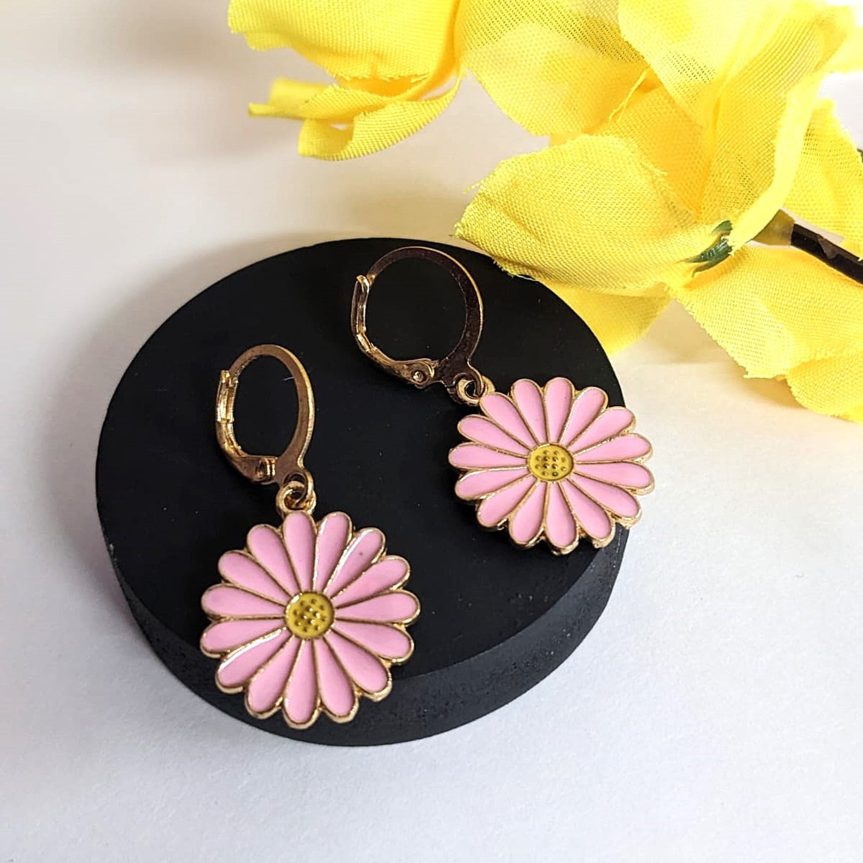 Pink Sunflower Hoops Earrings
