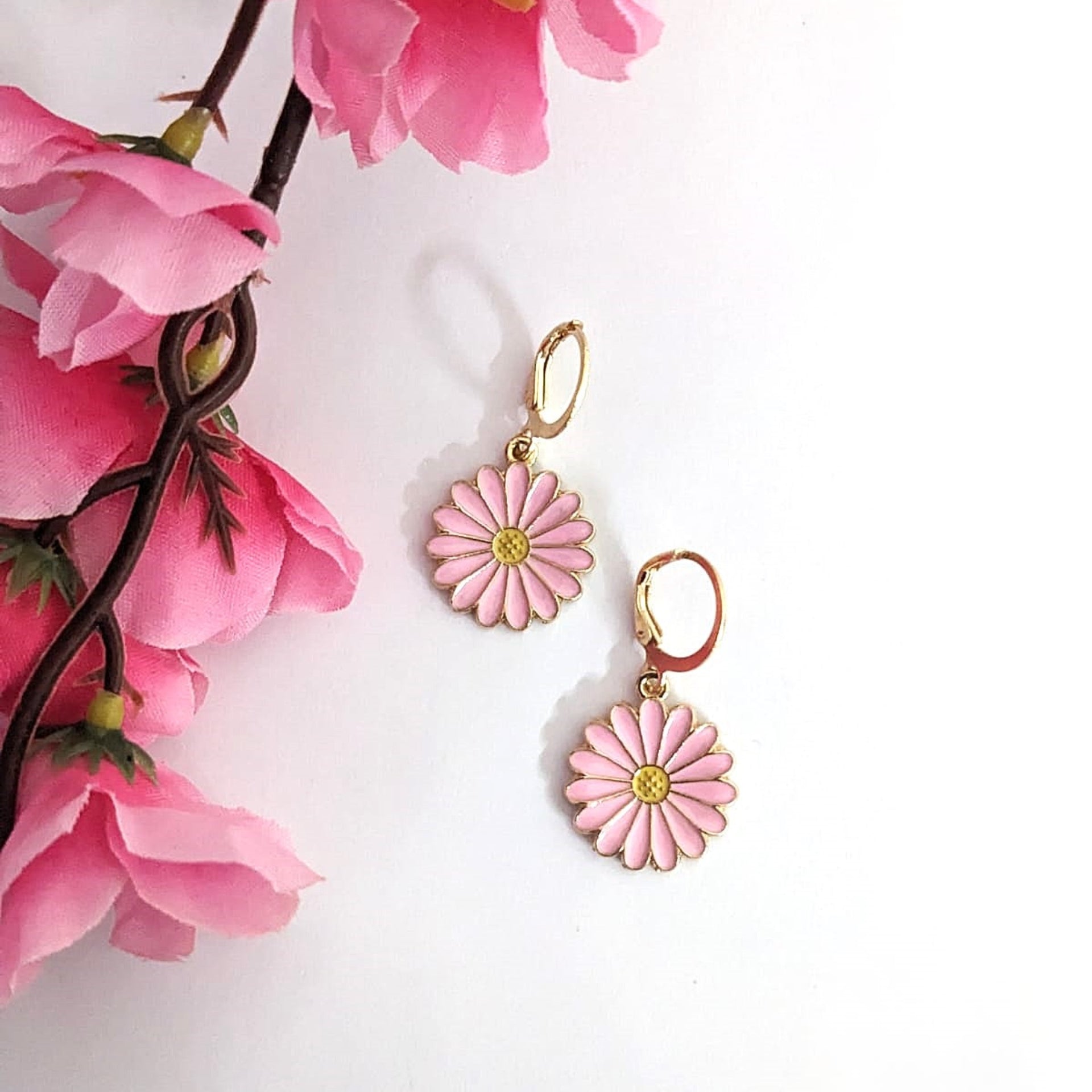 Pink Sunflower Hoops Earrings
