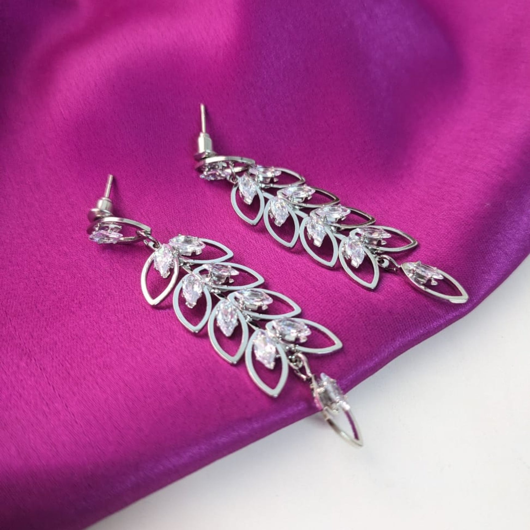 Silver Crystal Leaf Dangler Earrings