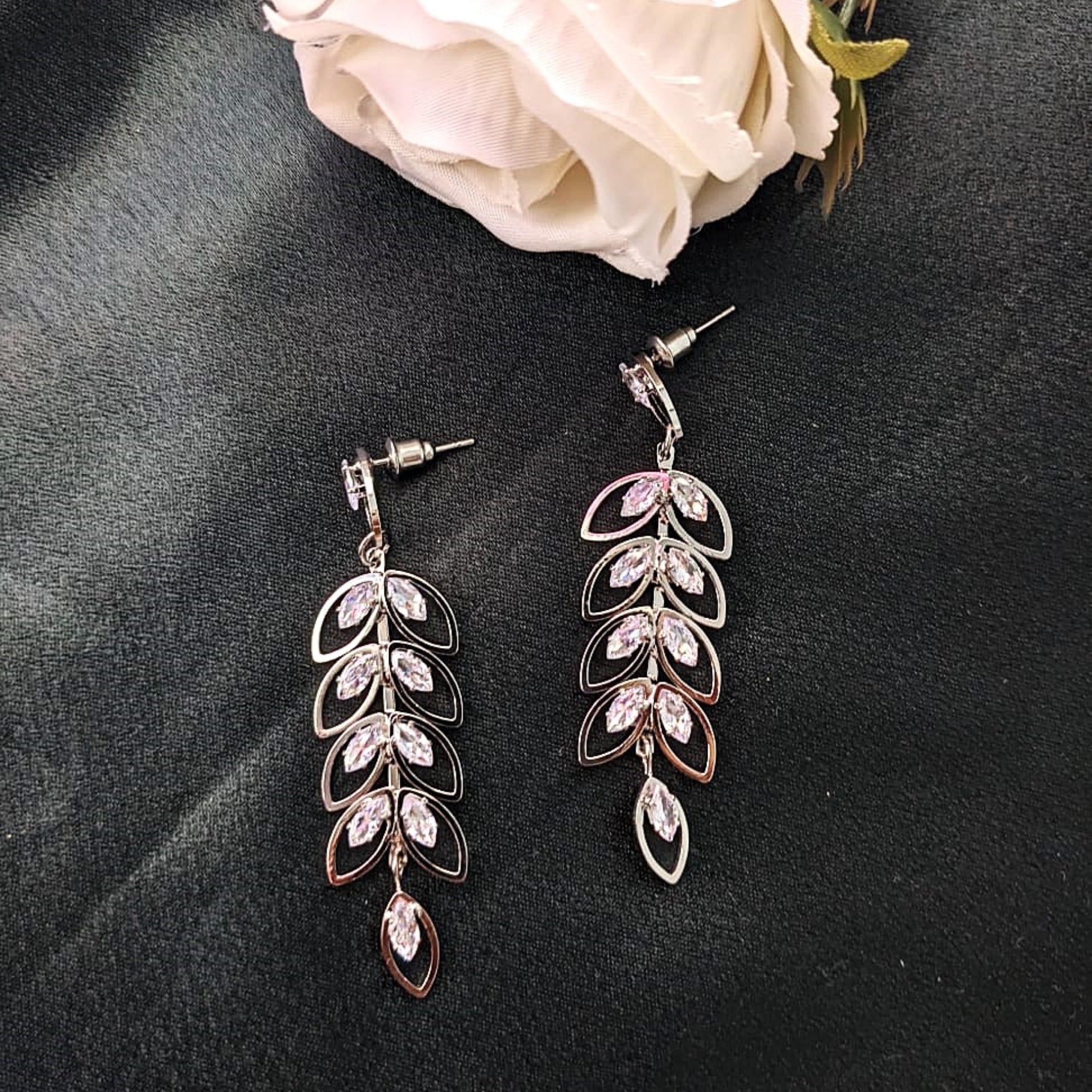Silver Crystal Leaf Dangler Earrings