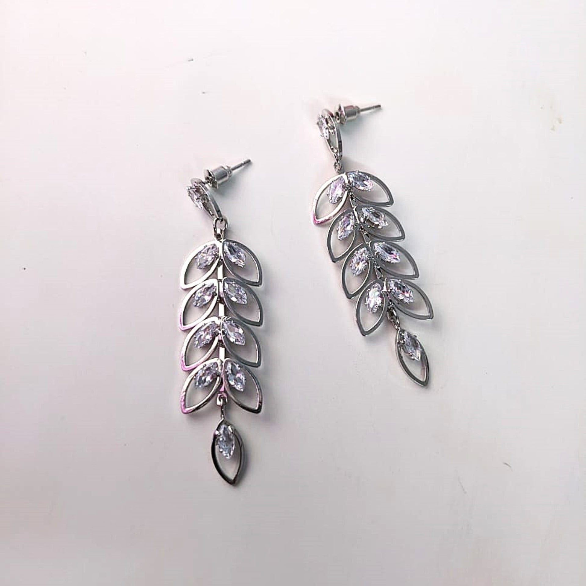 Silver Crystal Leaf Dangler Earrings